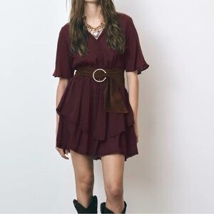 Zara Layered Burgundy Women’s V-Neck Dress Size L